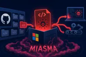 Основной объект — коробка с логотипом Microsoft и кодом, окружающая мiasma.