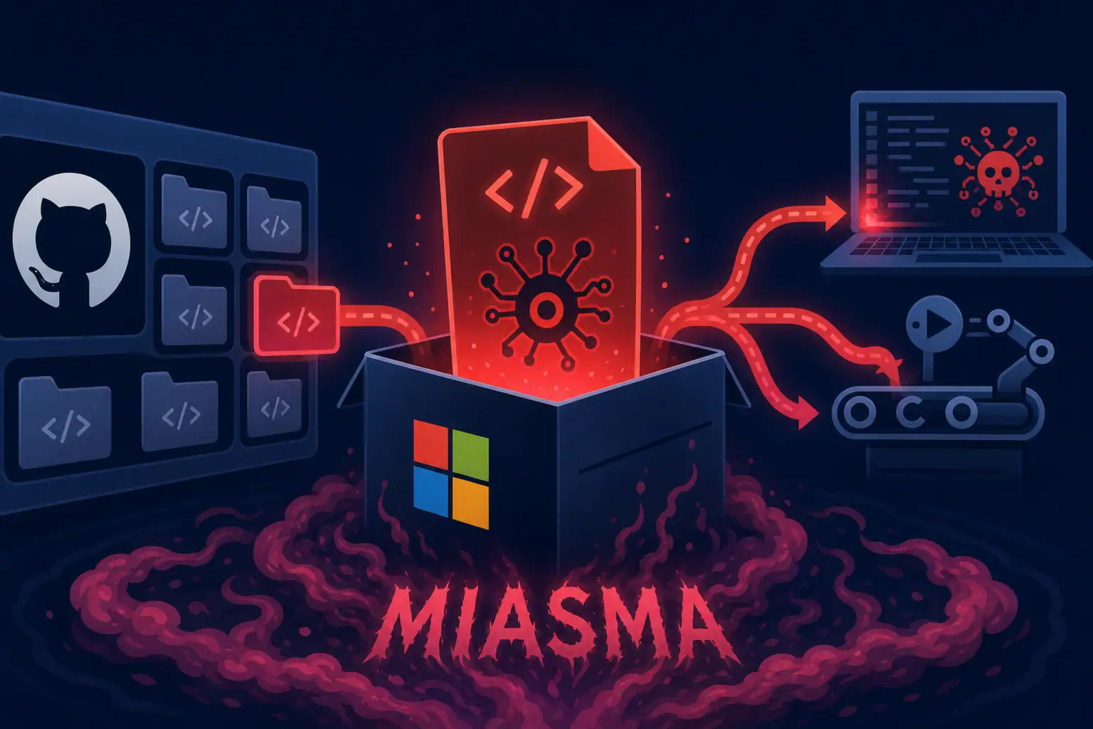** Grafische Darstellung eines Cyberangriffs auf GitHub durch Miasma.