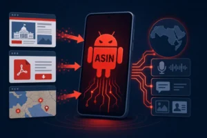 Graphic illustrating Asin spyware targeting Android in Arab regions.