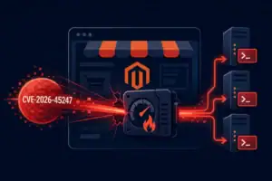 Графическое представление уязвимости CVE-2026-45247 в Mirasvit Cache Warmer.