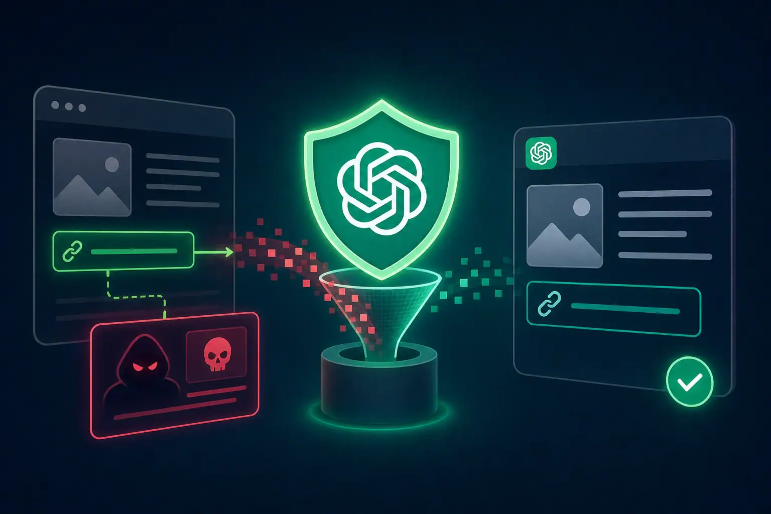Visualisierung einer Cybersicherheits-Situation mit ChatGPT-Elementen.