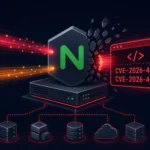 NGINX logo breaking through a server, highlighting critical CVE bugs.