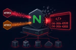 NGINX logo breaking through a server, highlighting critical CVE bugs.