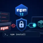 Npm-Logo, Sicherheitsicon und Codezeile zur Deaktivierung von Installationsskripten.