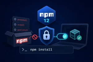 Npm-Logo, Sicherheitsicon und Codezeile zur Deaktivierung von Installationsskripten.