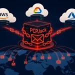 PCPJack depicted as a central threat connecting cloud servers and global email traffic.