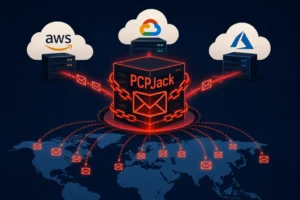 PCPJack depicted as a central threat connecting cloud servers and global email traffic.