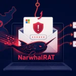 Phishing email with a NarwhalRAT graphic on a laptop screen.