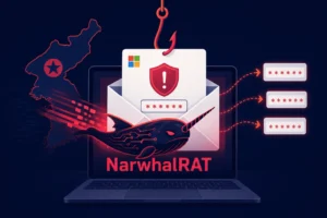 Phishing email with a NarwhalRAT graphic on a laptop screen.