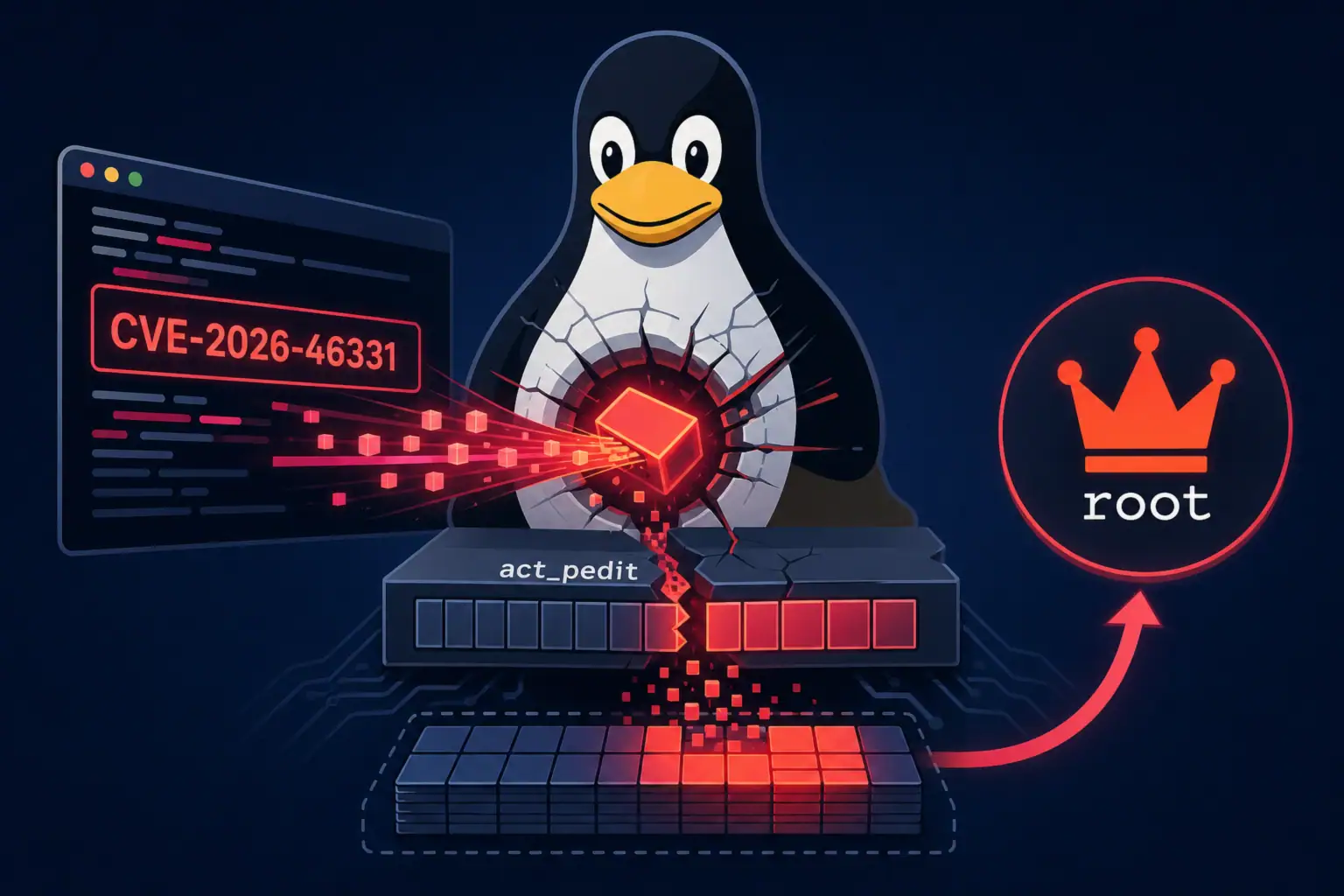 Анимационный образец Linux с уязвимостью CVE-2026-46331 и действиями root.