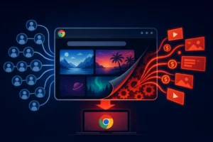 ** Ilustración de un navegador Chrome con extensiones que ocultan adware.