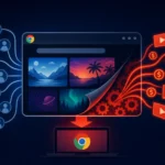 Схематичне зображення браузера Chrome з іконками та графікою, що символізує шахрайство.