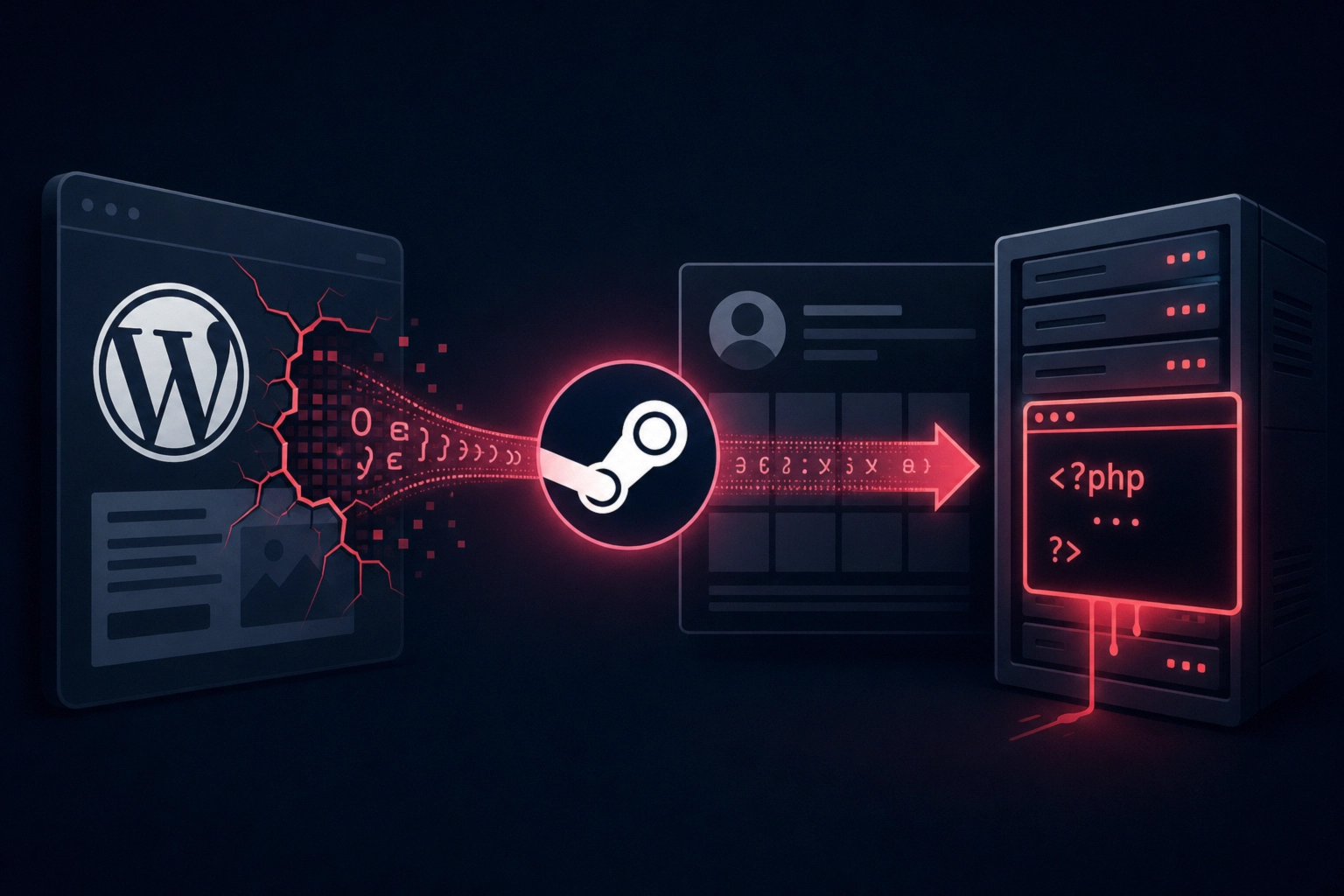WordPress logo with a Steam logo, connected by data streams, dark background.