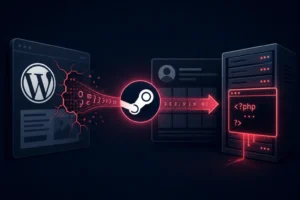 Grafische Darstellung von WordPress-Malware, die in Steam-Community-Profilen versteckt ist.