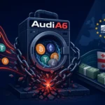 Graphic depicting a washing machine labeled Audi A6 with cryptocurrency symbols.