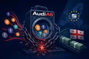 Audiwaesche mit Kryptowährungen, Europol-Symbolen und Geldscheinen.