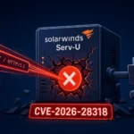 SolarWinds Serv-U server graphic highlighting CVE-2026-28318 vulnerability.
