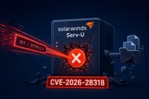 Логотип SolarWinds Serv-U с символом ошибки и идентификатором CVE-2026-28318.