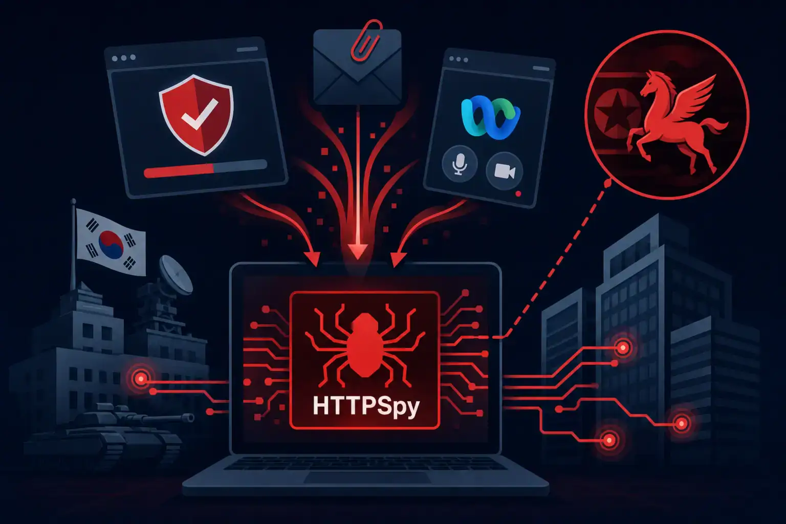 Digital illustration depicting cyber threats targeting South Korea.