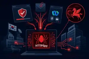 Логотип HTTPSpy на фоне симпатичной иллюстрации кибератак и защиты данных.