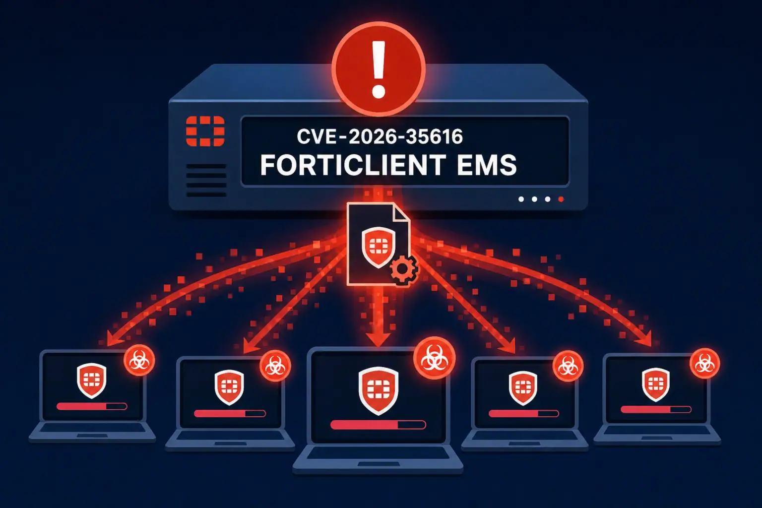Diagram illustrating CVE-2026-35616 affecting FortiClient EMS with multiple devices.