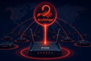 D-Link routers connected by red lines to AryStinger logo in a dark setting.