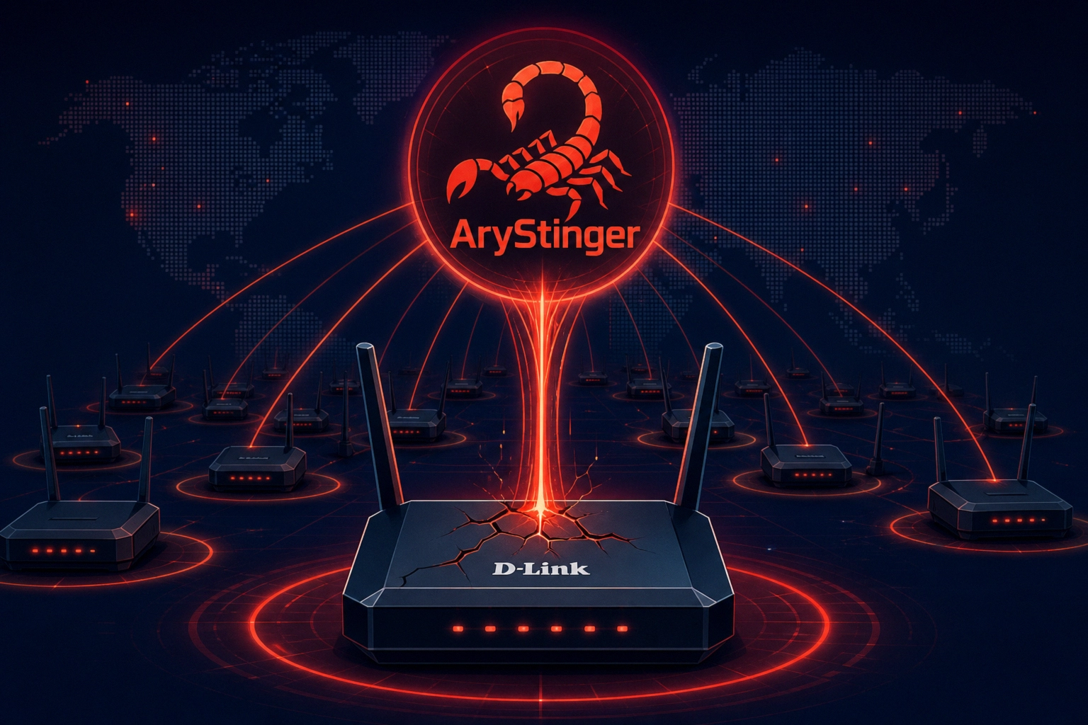 D-Link routers connected by red lines to AryStinger logo in a dark setting.
