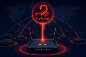 D-Link routers conectados al botnet AryStinger con un fondo oscuro y un escorpión rojo.