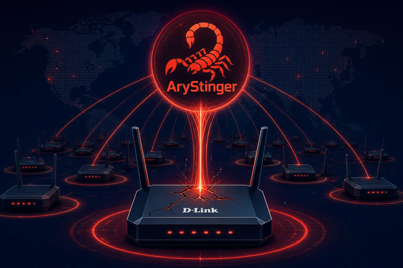 D-Link Router mit AryStinger-Logo und Verbindungen zu anderen Routern.