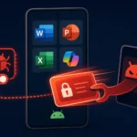 Mobile device showing Microsoft 365 apps with security threat visuals.