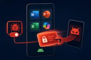 Smartphone mit Microsoft 365 Apps, Sicherheitsbedrohung wird visualisiert.
