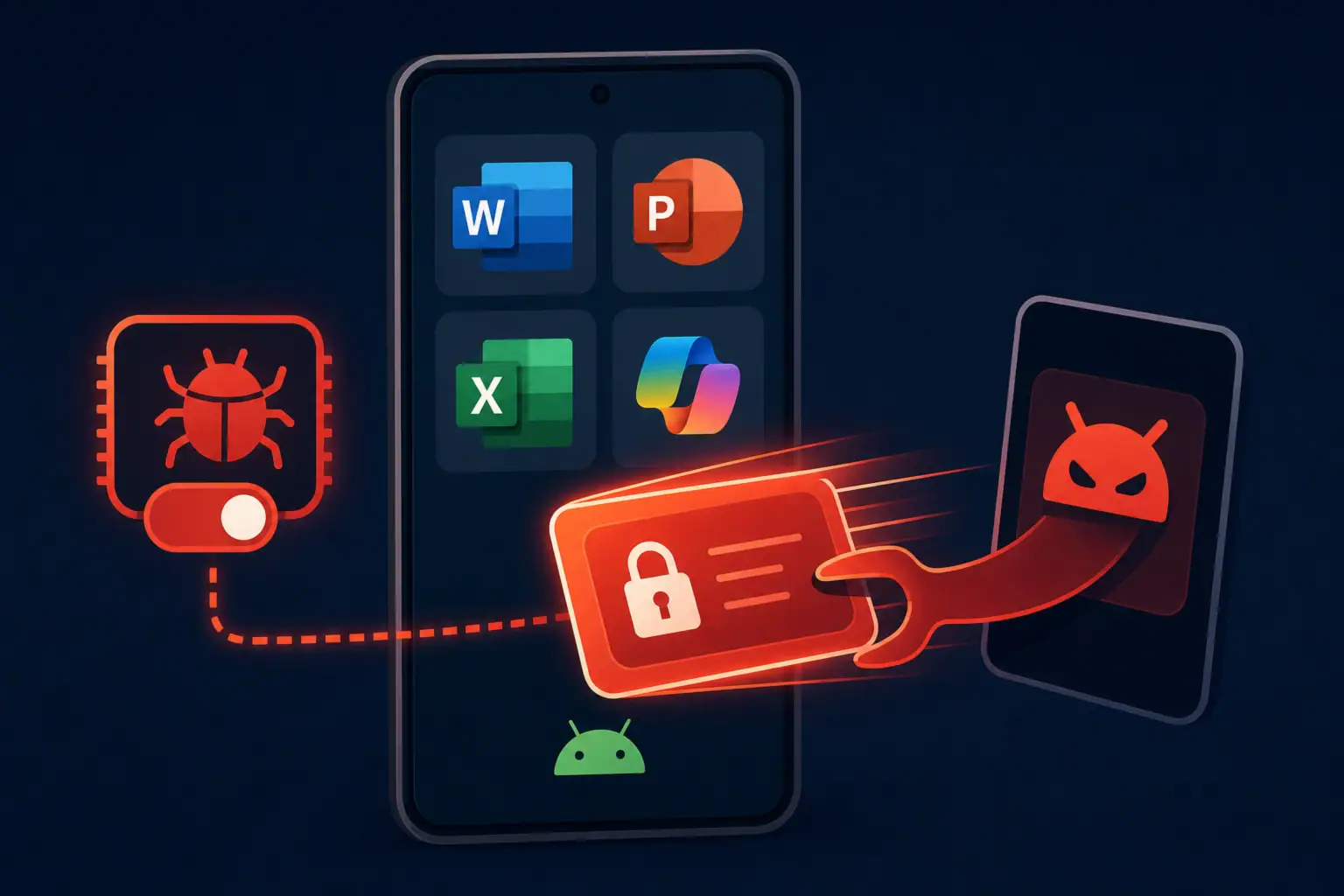 Ilustración que muestra un ataque a la seguridad en Microsoft 365 en Android.