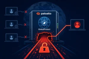 Illustration of PAN-OS VPN flaw highlights and network security threats.
