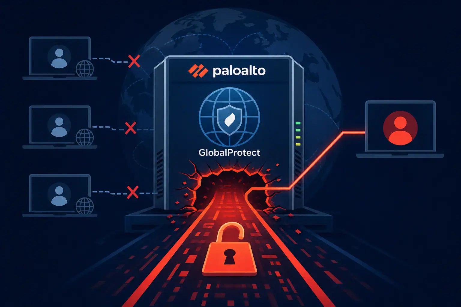 Иконка VPN с замком и пользователями, визуализирующая уязвимость PAN-OS.