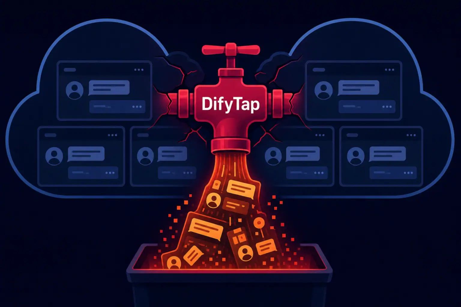Red data tap overflowing with digital information and user profiles.