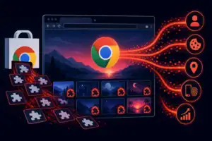 Графика, демонстрирующая взаимодействие расширений Chrome и отслеживание данных.
