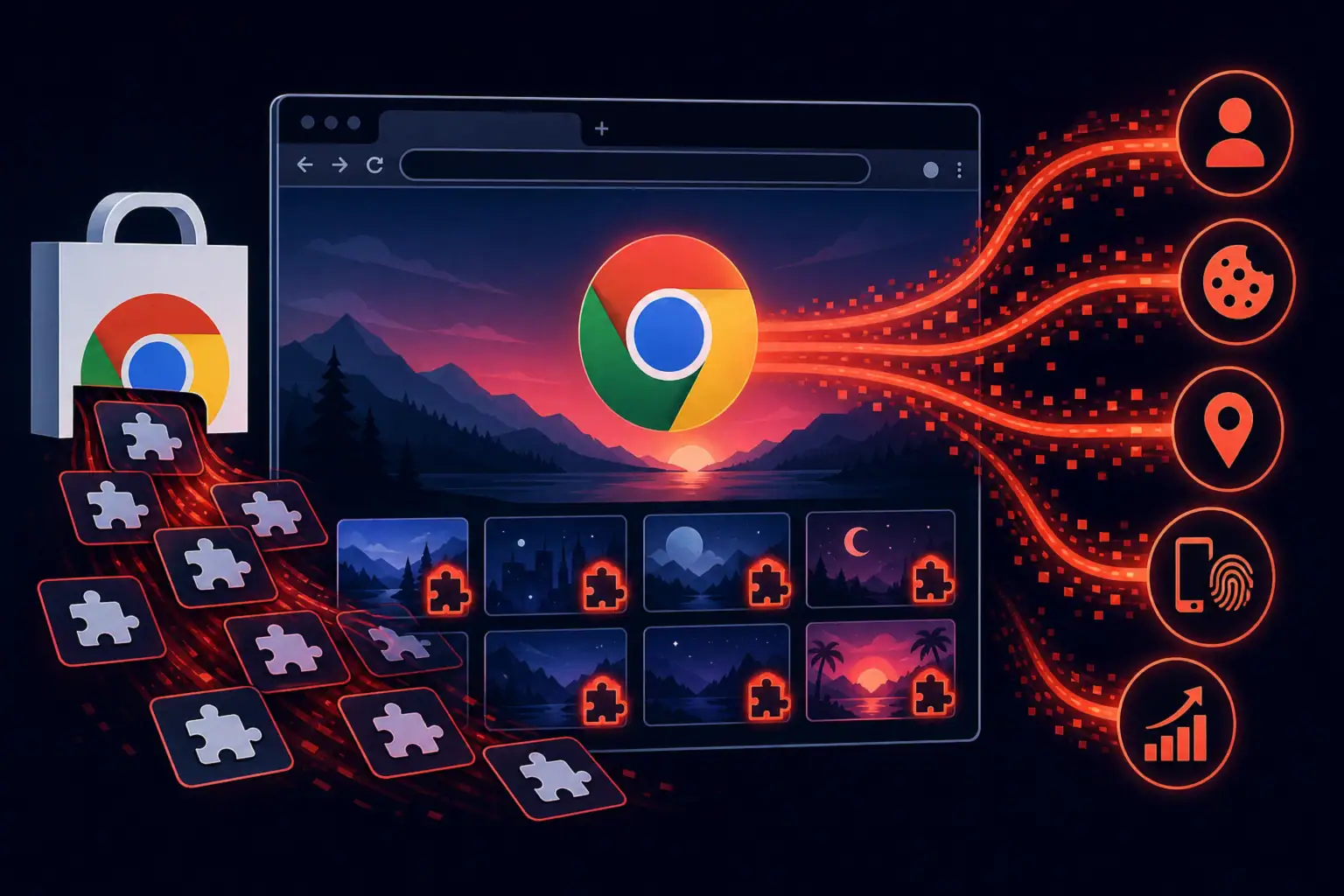 Графика, демонстрирующая взаимодействие расширений Chrome и отслеживание данных.