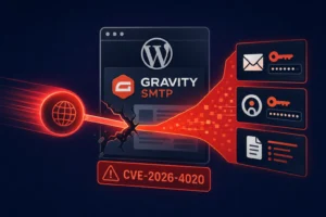 Visual representation of the Gravity SMTP vulnerability and its impact.