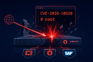 Depicts a server with a cyber vulnerability highlighted in a dramatic design.