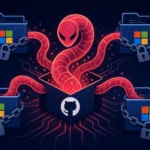 Miasma worm emerging from a box, threatening Microsoft GitHub repositories.