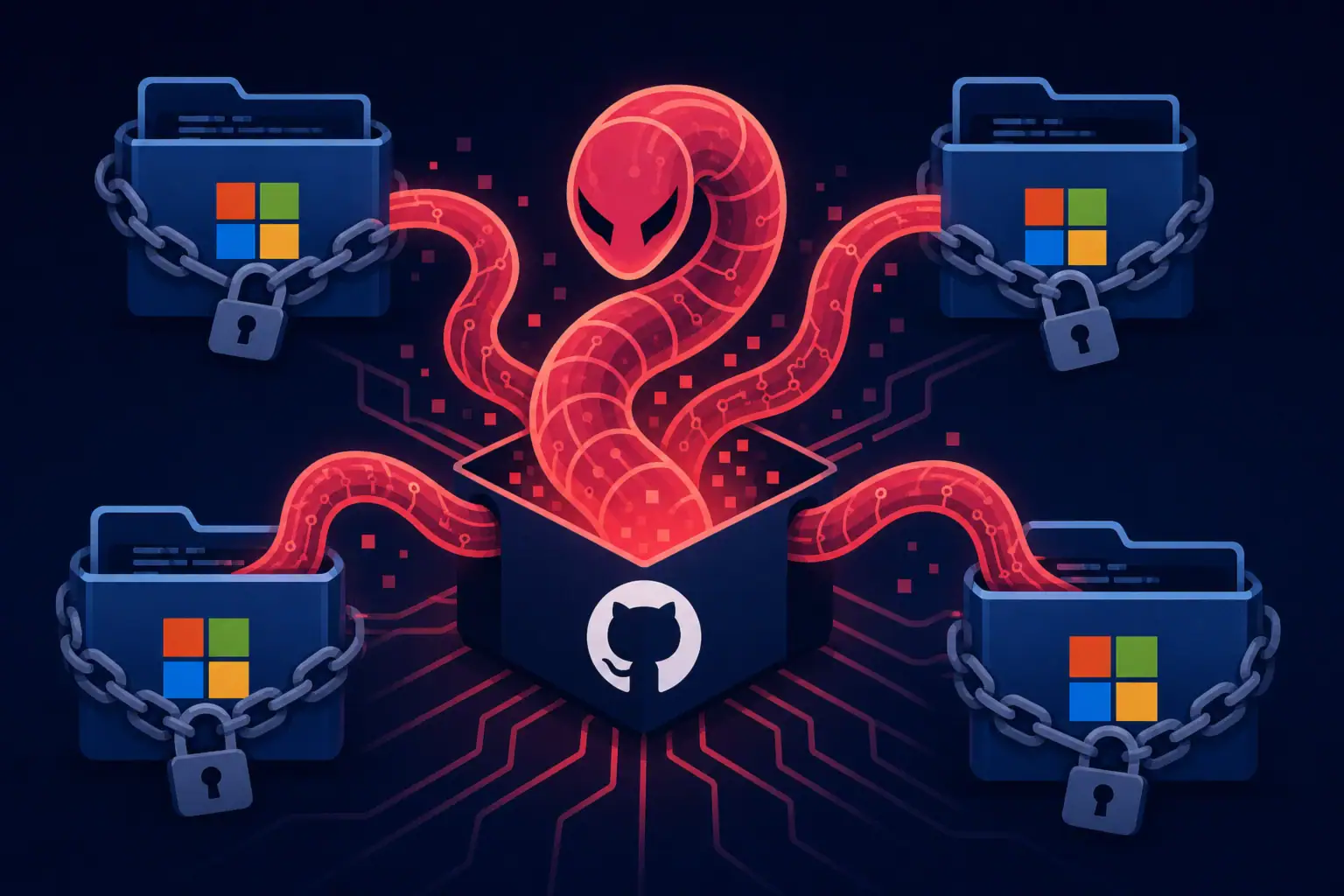 Roter Wurm mit Augen greift Microsoft-Ordner in GitHub-Umgebung an.