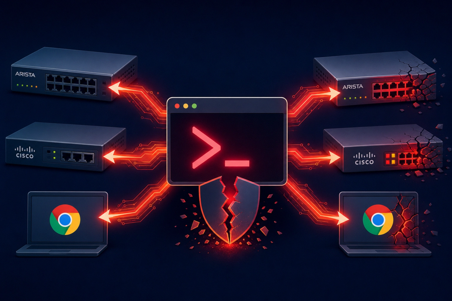 Cybersecurity illustration featuring Arista, Cisco devices, and Chrome.