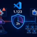 VS Code interface highlighting a 2-hour delay for extension updates.
