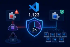 VS Code-Logo mit Uhr und Symbolen für Erweiterungen in Sicherheitskontext.