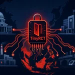 Логотип TinyRCT в центре с элементами инфографики вокруг на тёмном фоне.