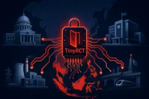 ** Estilo gráfico sobre la campaña TinyRCT vinculada a Asia con símbolos tecnológicos.