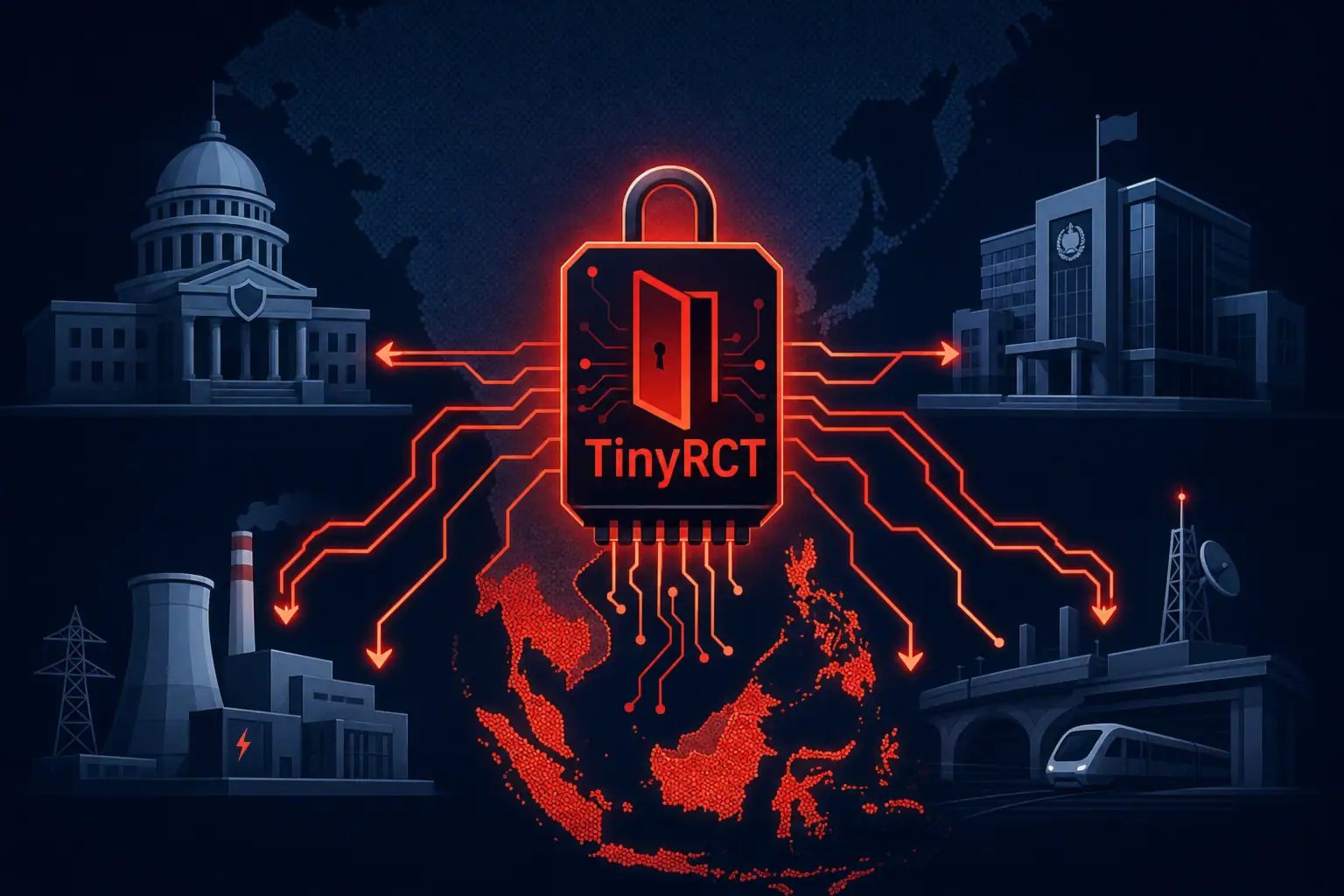 ** Estilo gráfico sobre la campaña TinyRCT vinculada a Asia con símbolos tecnológicos.