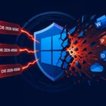 Microsoft shield with broken effect, highlighting vulnerabilities and applications.