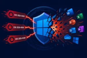Microsoft shield with broken effect, highlighting vulnerabilities and applications.